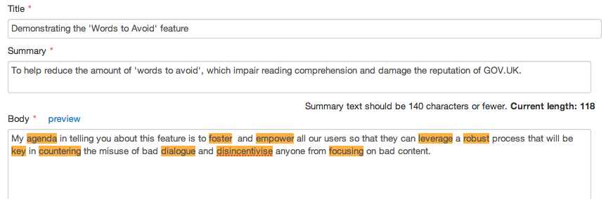 Words to avoid are highlighted as you edit a document