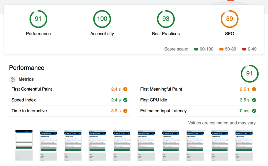 Performance was 99, accessibility was 100, best practices 93 and SEO was 100. All out of 100