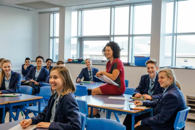 School classroom and pupils with teacher