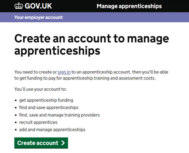 Screenshot of Manage apprenticeship create account home page