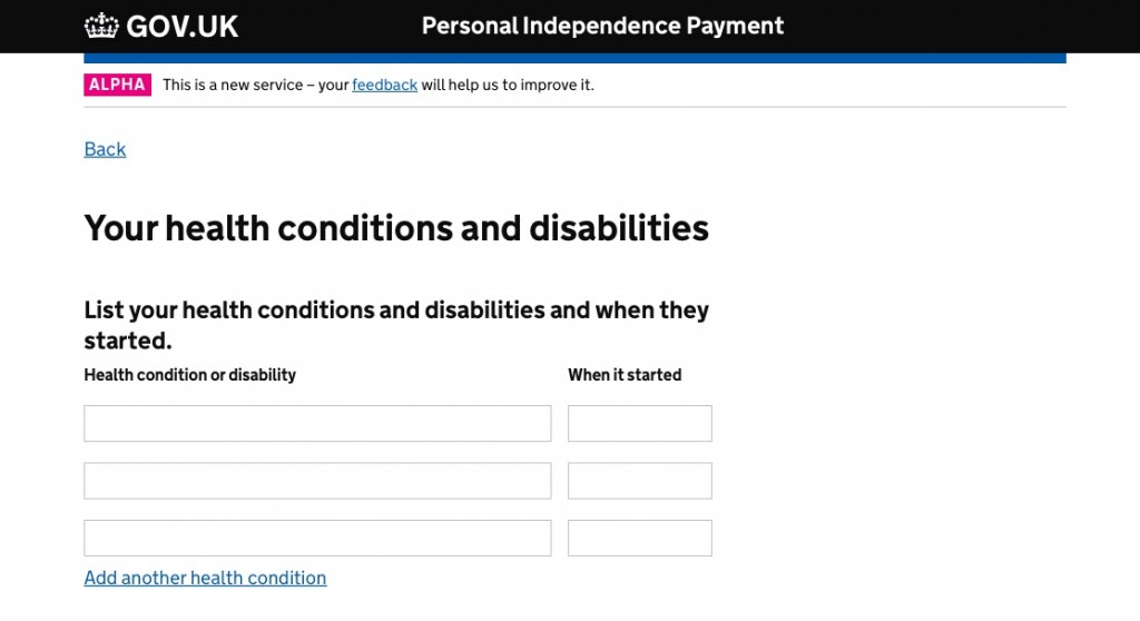 A screen from the prototype PIP digital service tested with users at Sense