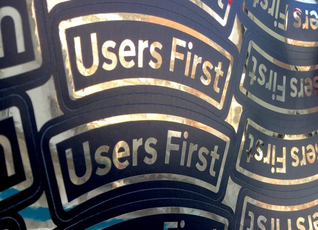 A sticker sheet showing the phrase Users First