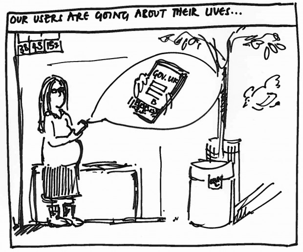 Our users are going about their lives sketch with a pregnant woman using a government service on her phone