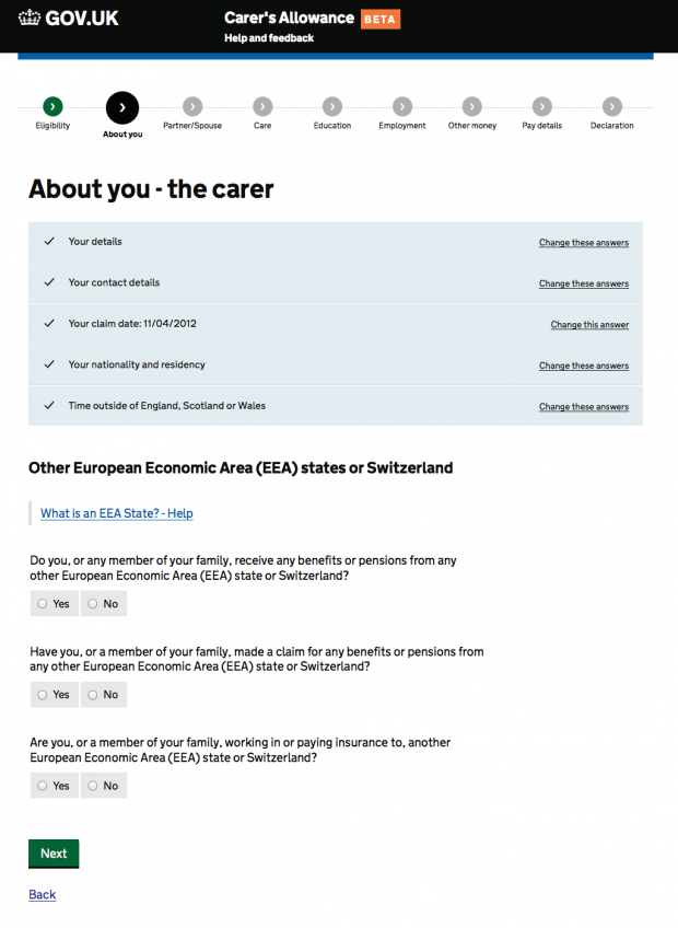 Carer's Allowance service 'smart answers' page