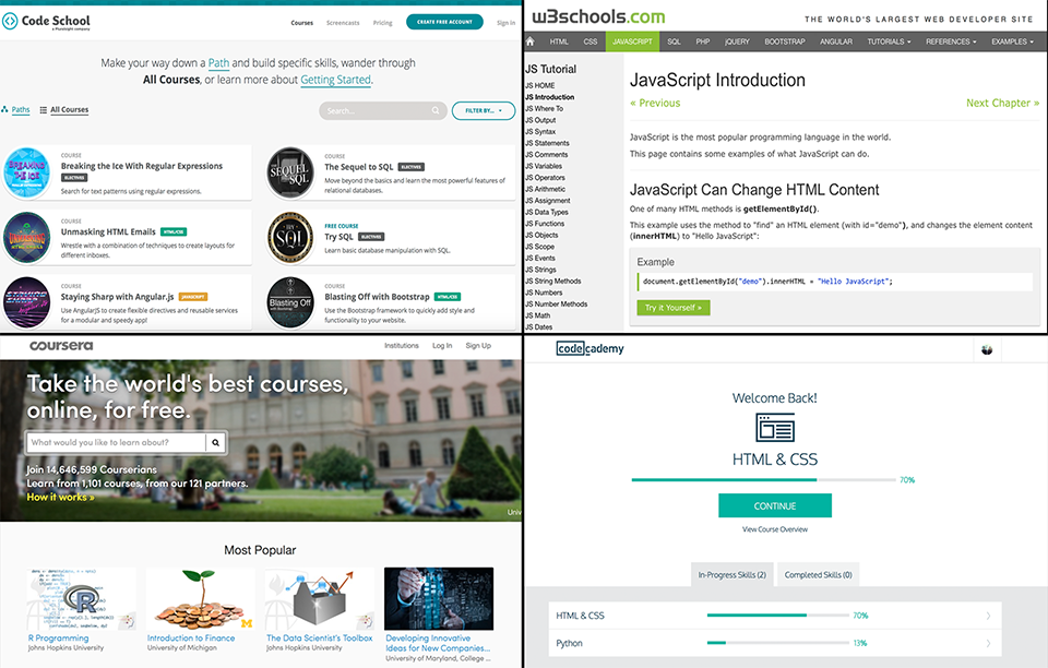 Examples of online learning websites for coding