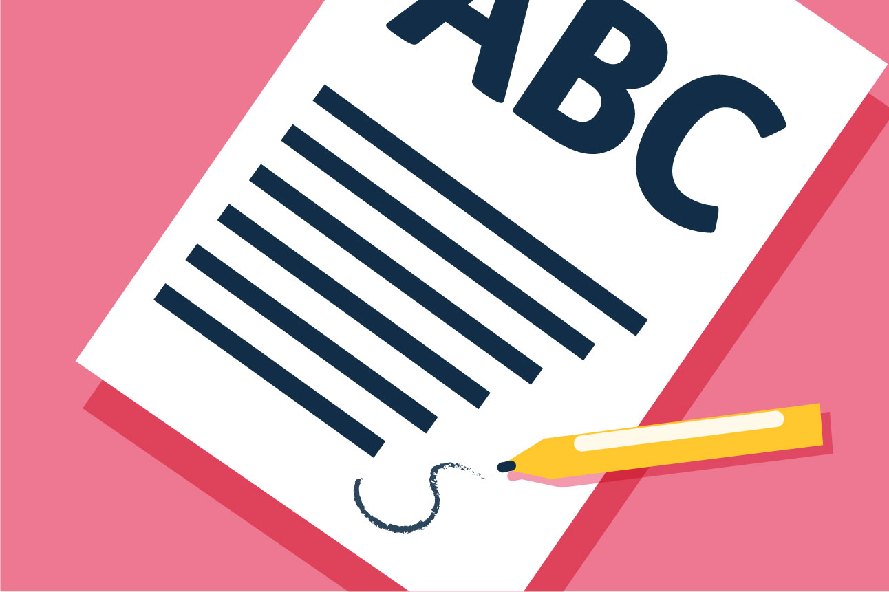 Illustration of the letters ABC on a blank piece of paper, on a pink background.