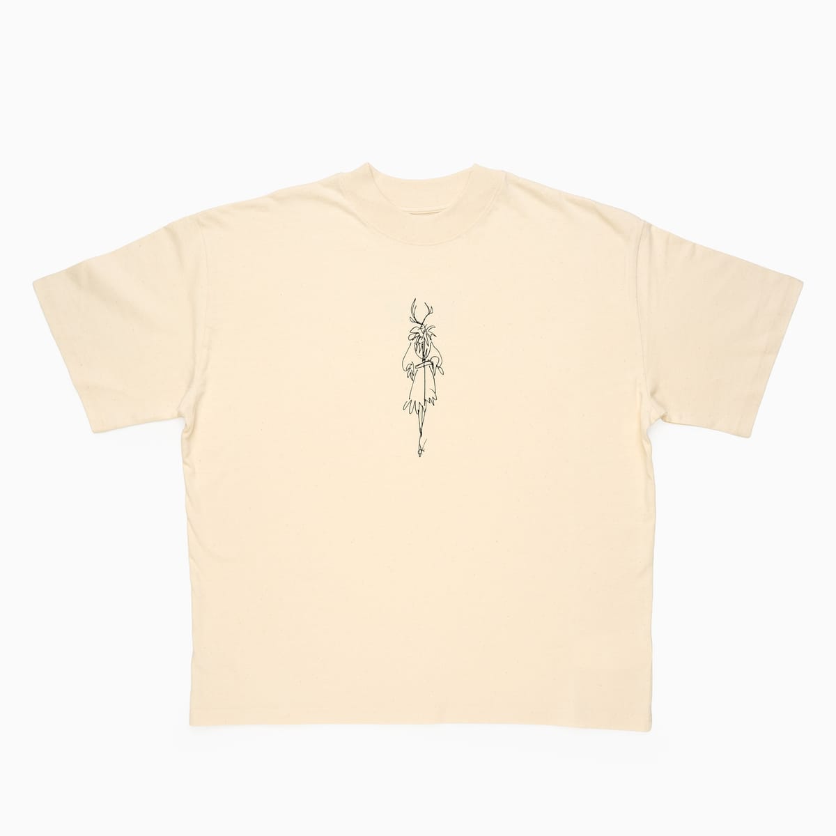 An oatmeal coloured t-shirt which has a fashion illustration in black of a person wearing a large jacket.