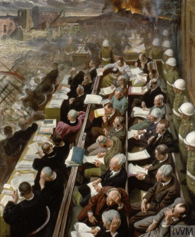 Painting of inside the courthouse at Nuremberg showing accused leaders sat on benches and military police. Lawyers and defendants study papers. 