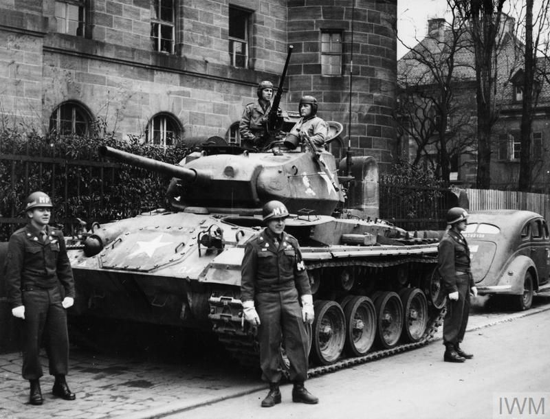 One of the new USA light tanks (M24) on guard outside the courthouse at Nuremberg.