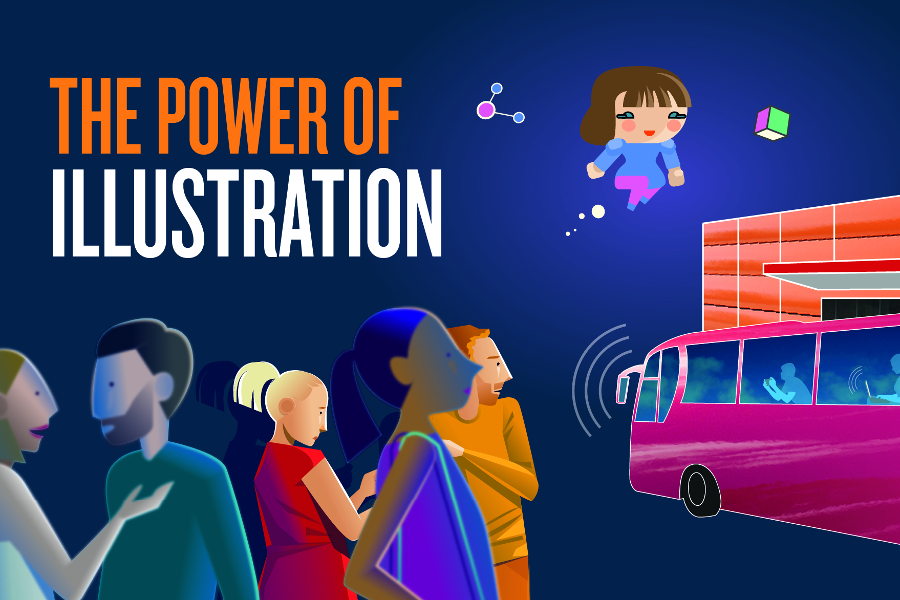 Text reading ‘The power of illustration’, surrounded by a selection of illustrations from Design102 projects, in a range of styles.
