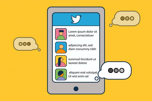 Illustrated image of a Twitter feed on an iPhone screen, with typing speech bubbles bursting from it. The text is Latin placeholder text.