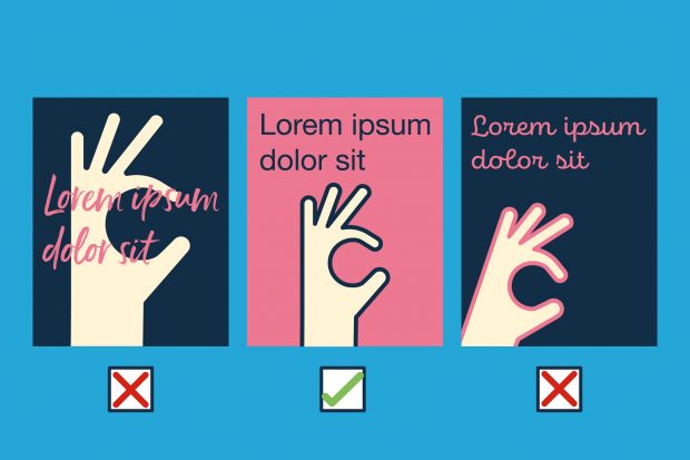 Illustrated image of three boxes featuring different graphics of a person’s hand and a Latin text headline. Each one uses a slightly different layout and font, and they represent three design approaches that would be created for a campaign. Two of the designs have a red cross