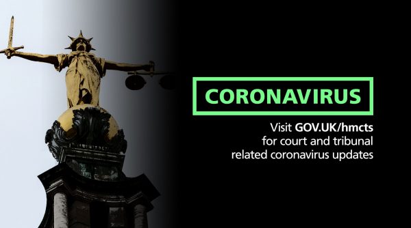 Lady justice with cornavirus message: visit GOV.UK/HMCTS for courts and tribunals related coronavirus updates