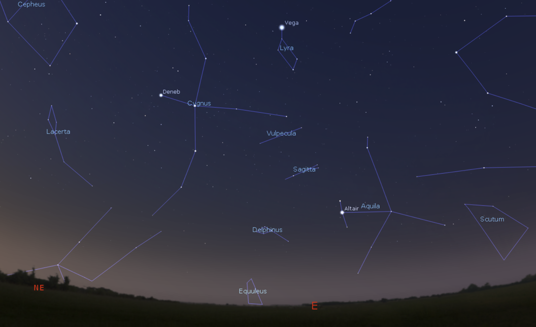 Credit: Stellarium.org. The Summer Triangle is made up by the stars Vega, Altair and Deneb.