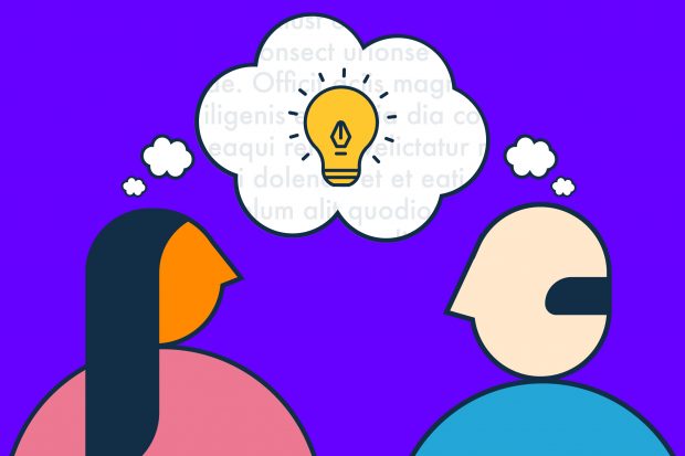 Illustration of two people looking towards each other in conversation, with a shared thought bubble above their heads featuring an illuminated light bulb