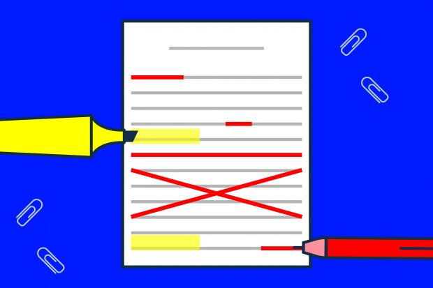 Illustration of a piece of paper with unintelligible writing. Some sections have been crossed out in red, others have been highlighted in yellow