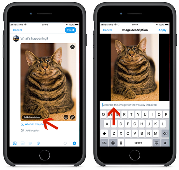 Screens showing how to set up add descriptions to images in Twitter.