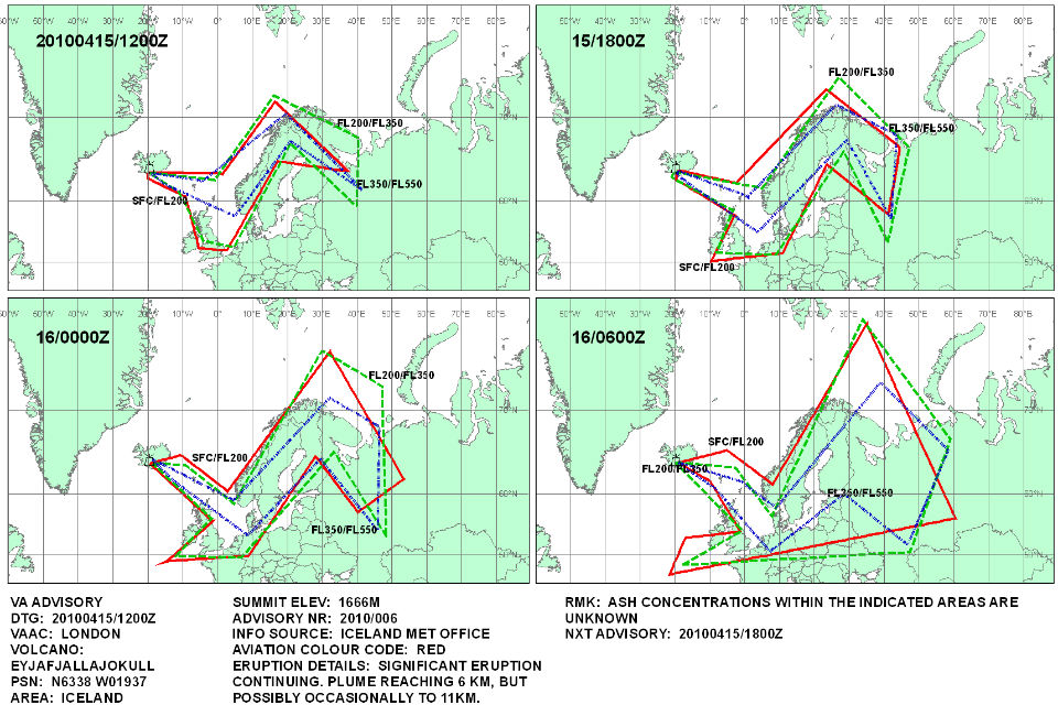 Map graphics showing ash cloud forecasts
