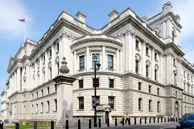 Exterior view of HM Treasury building in London
