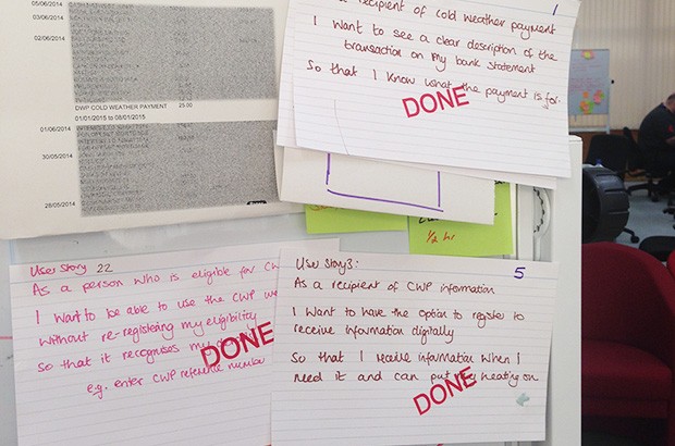 Pieces of paper on a board showing different 'user stories'.