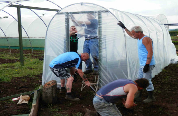 Volunteers skinning a donated polytunnel