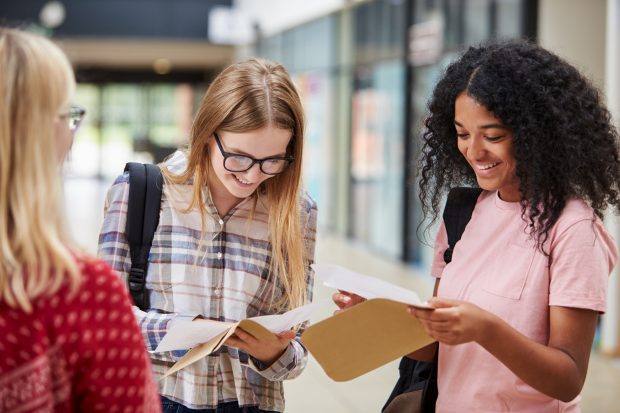 Students looking at their results