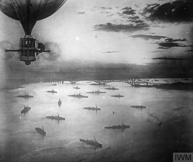 An aerial view of a portion of the Grand Fleet at anchor in the Firth of Forth, taken from the British Airship R. 9.