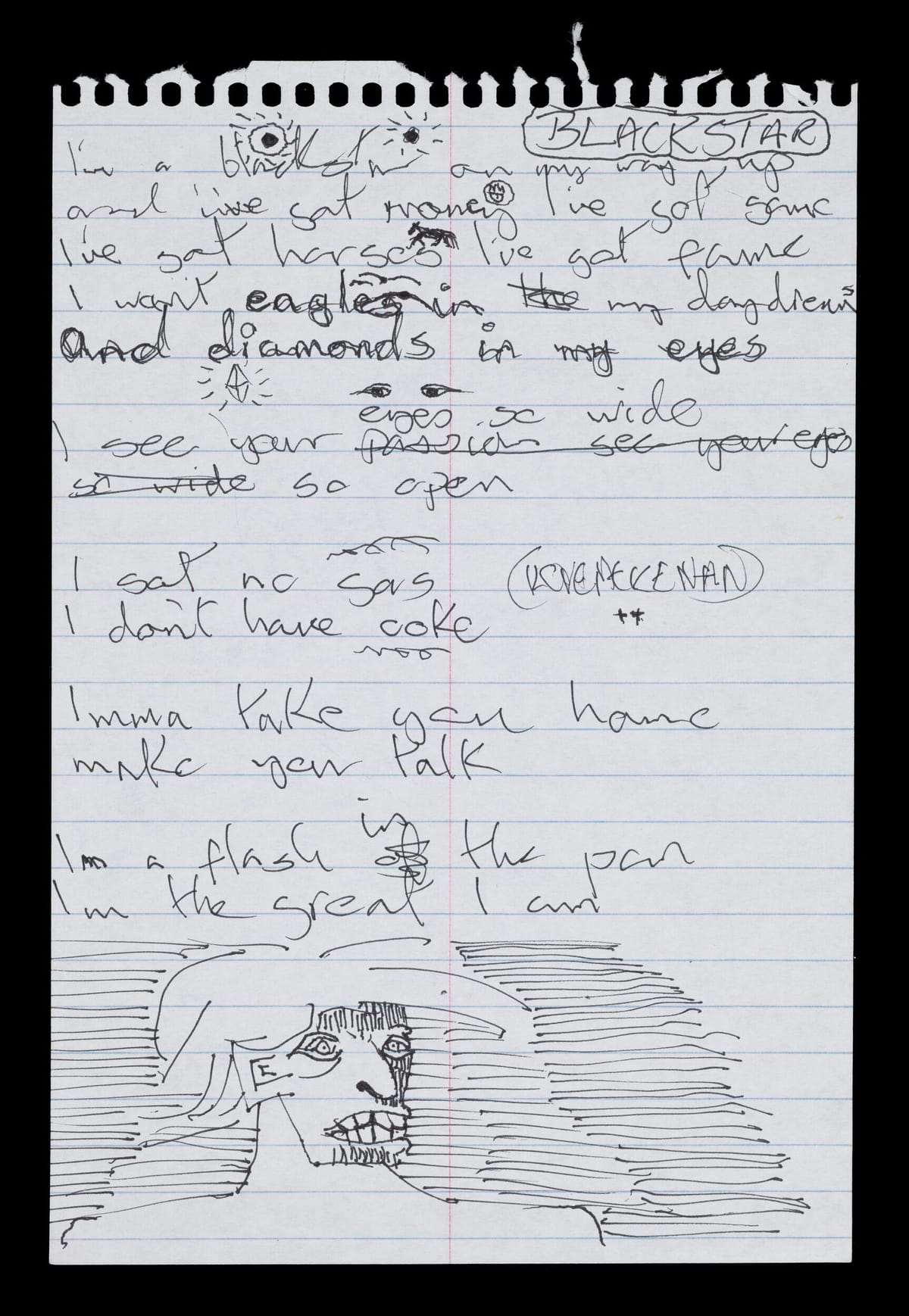 Lined paper with handwritten lyrics titled "Blackstar," featuring doodles of a face, eyes, and a diamond. Some words are crossed out.