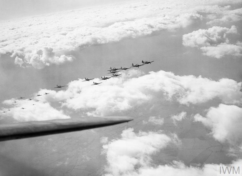 Fighter planes in the air seen in large formation - known as the 'Big Wing'.