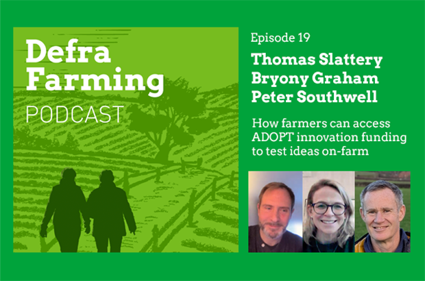Graphic showing the Defra farming podcast logo alongside headshots of this guests.