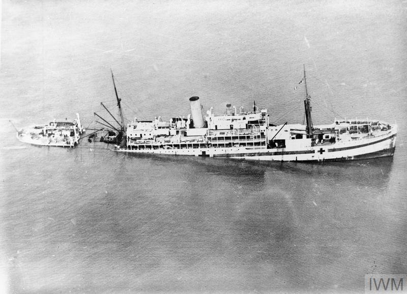 The hospital ship GLOUCESTER CASTLE down by the stern after being torpedoed by the U-boat UB-32 off the Isle of Wight, 31 March 1917.
