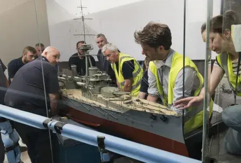 The HMS Hercules model is installed in its showcase at IWM London, June 2014.