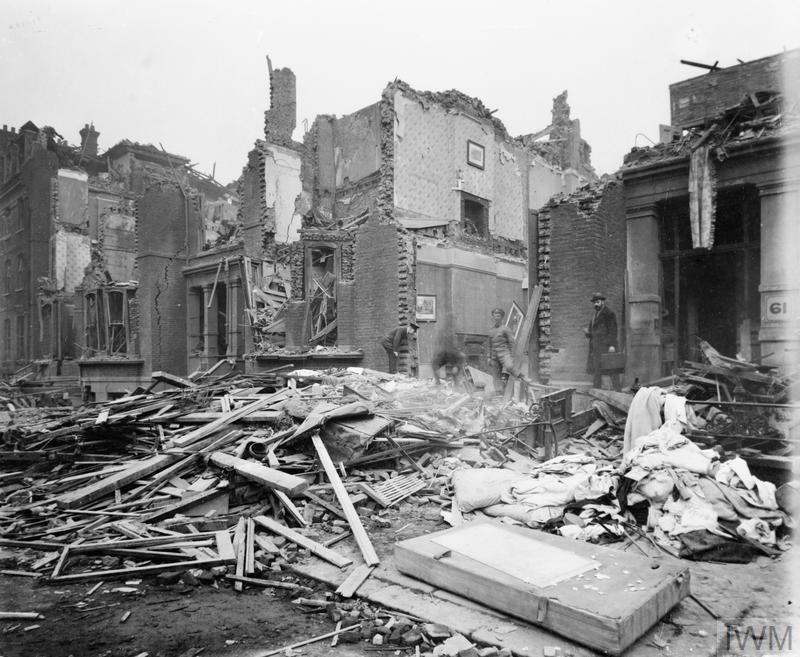 Bomb damage to 61 - 67 Warrington Crescent in St John's Wood, London, following the German air raid on the night of 7 - 8 March 1918.