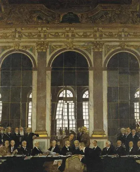  Group of leading allied politicians sign the Treaty of Versailles surrounded by the hall of mirrors.