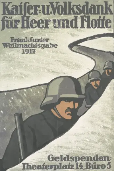 Three German infantrymen looking over the top of a snowy trench.
