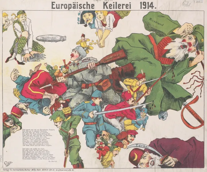 Europe map with boundaries containing caricatured soldiers of each nation. Armed Central Powers soldiers attack Entente Powers' soldiers. 