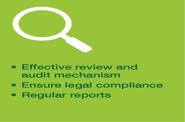 Graphic of a magnifying glass with the bullet points 'Effective review and audit mechanism, Ensure legal compliance, Regular reports'