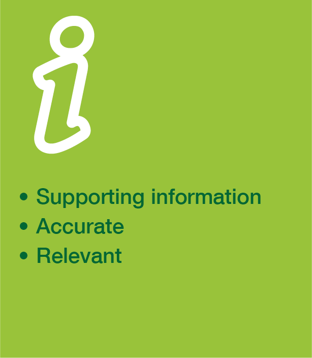 Image with the bullet points 'Supporting Information, Accurate, Relevant'