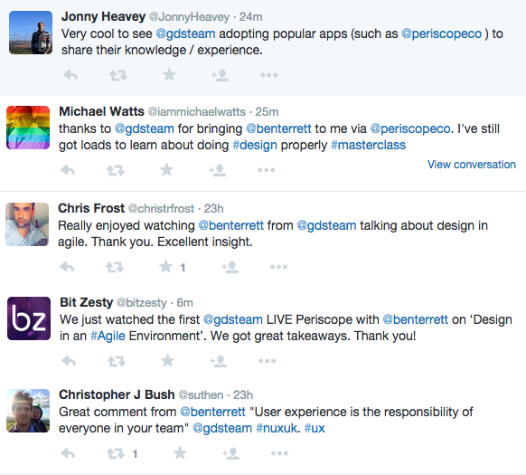 A list of positive tweets sent from users following the Periscope live