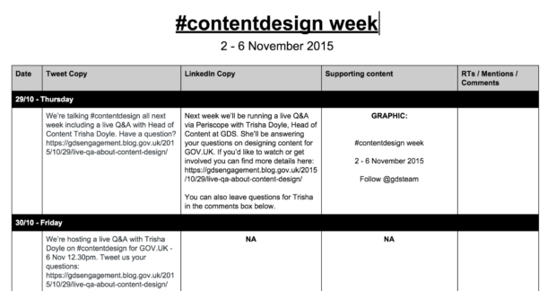 Table breaking down copy for social media (eg Twitter, Linkedin) along horizontal and by date vertically.