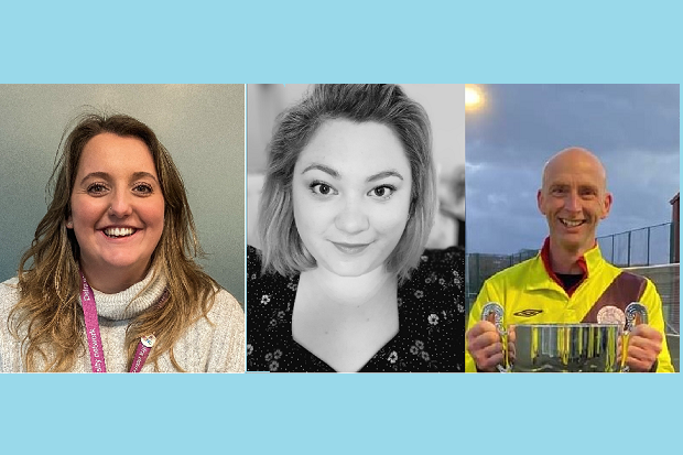 A collage of three people smiling.
