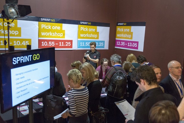 Group of visitors registering for an event