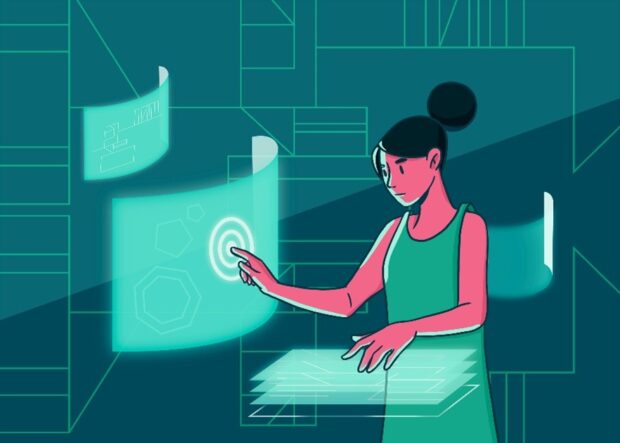 Cartoon of a woman pointing at a rectangle of turquoise light. She also has a pile of similar rectangles.