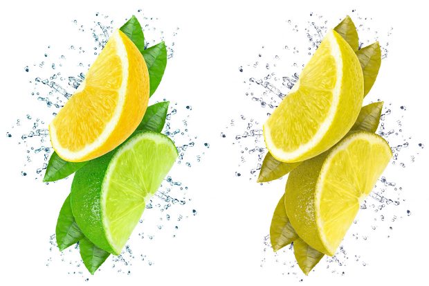 A split screen featuring the same image displayed twice side by side but in two colour variants. The left side shows a portrait view of a wedge of a yellow lemon fruit open to the left stacked above a wedge of a green lime fruit open to the right, both are displayed with splashes of light blue water radiating from dark green leaves set behind the fruit, all against a white background. The same image on the right is colour corrected to display how a person with Protanopia type colour blindness may view it to give a clear comparison of how indistinguishable particular colours can be and therefore how the ‘green’ lime fruit appears to be the same yellow as the lemon fruit and is therefore indistinguishable from the lemon fruit.