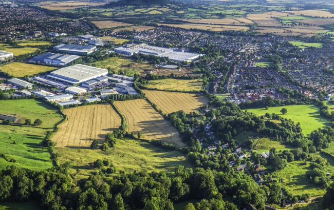 Aerial view of Cotswolds, Gloucestershire landscape.