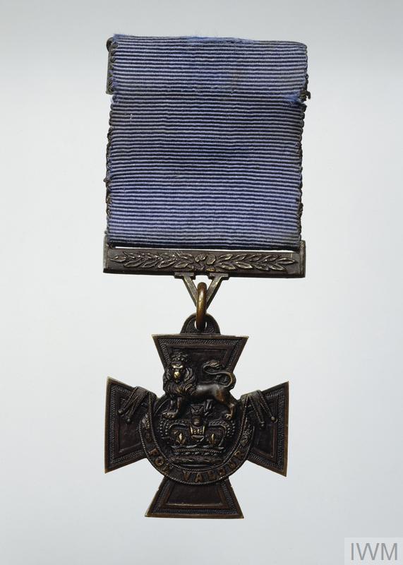 Victoria Cross with blue 'Naval' ribbon awarded during the First World War to Boy, 1st Class John Travers Cornwell for gallantry during the Battle of Jutland.