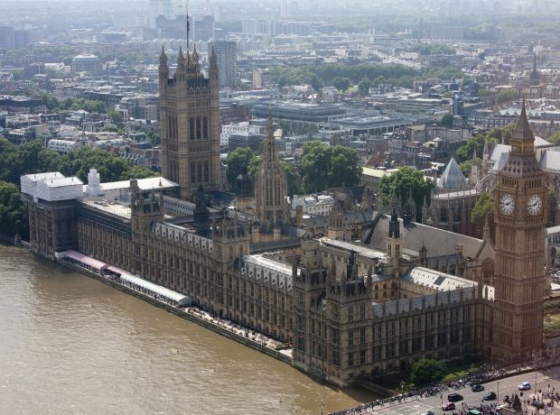 An aerial view of the UK Houses of Parliament.
