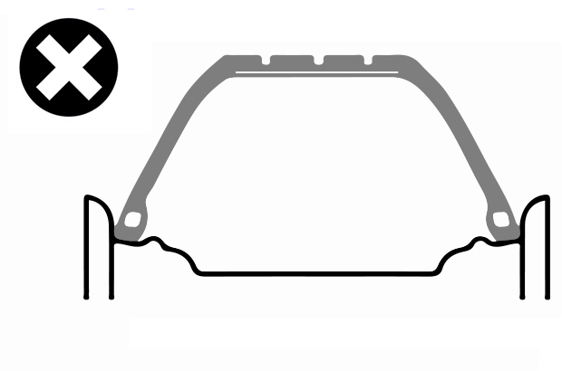 Diagram of an incorrectly seated tyre. Due to the tyre being stretched the tyre is no longer correctly seated on the wheel rim.