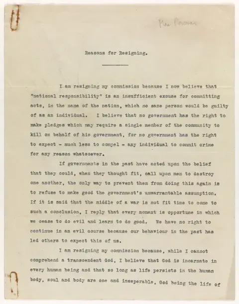  Max Plowman's ‘Reasons for Resigning’ document outlining his religious and moral conscientious objection to war.