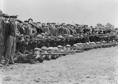 Group of recruits of the 'Grimsby Chums', later the 10th Battalion, Lincolnshire Regiment, during rifle training, September 1914.